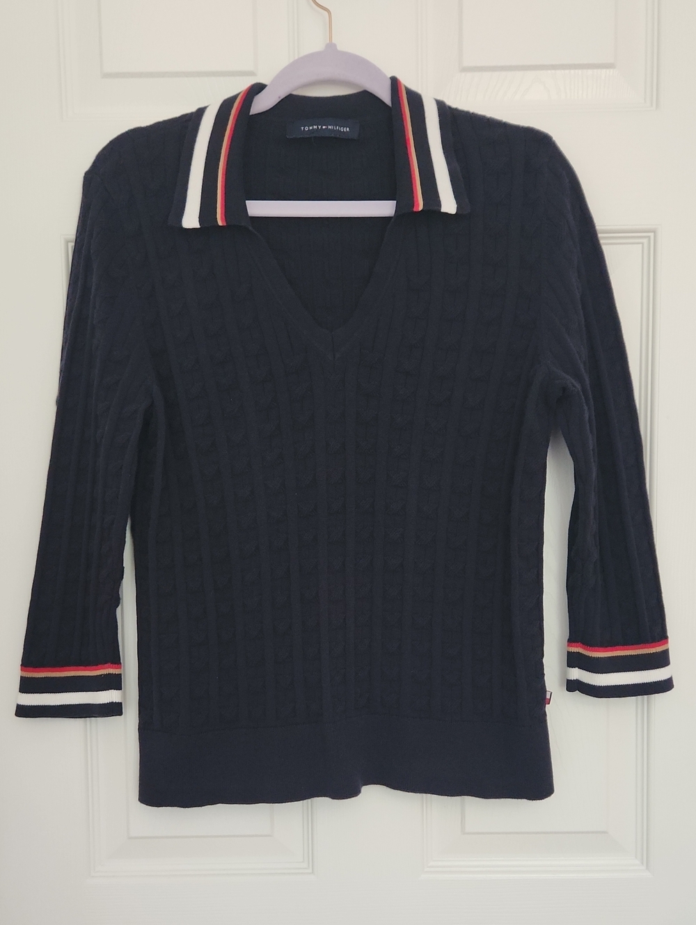 Preppy Nautical Fall Tommy Hilfiger Sky Captain Navy Cable V-Neck Sweater Top